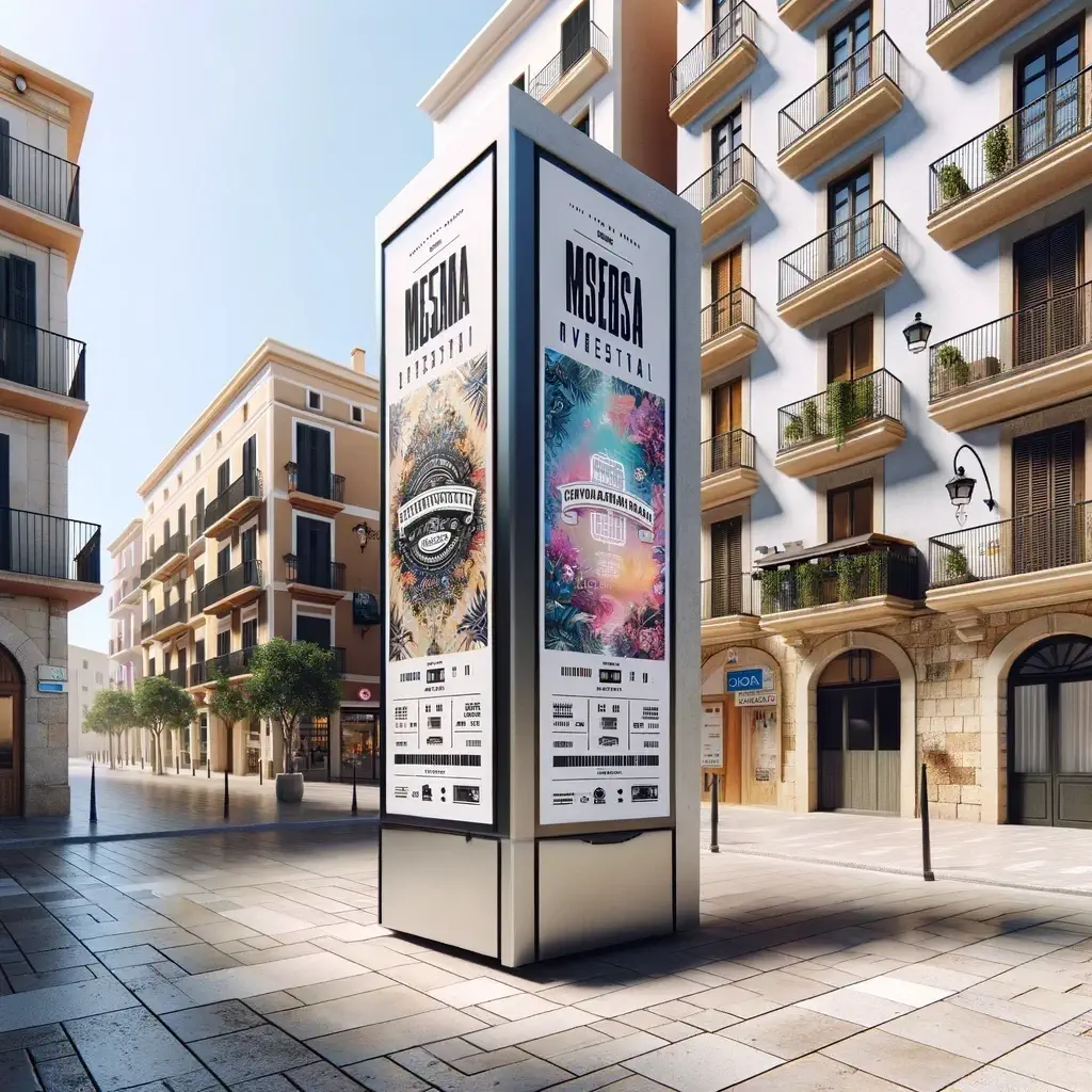 DALL·E 2025-01-30 15.45.00 – A rectangular advertising tower measuring approximately 4 meters in height and 1 meter in width, designed for a modern Mediterranean-style urban plaza